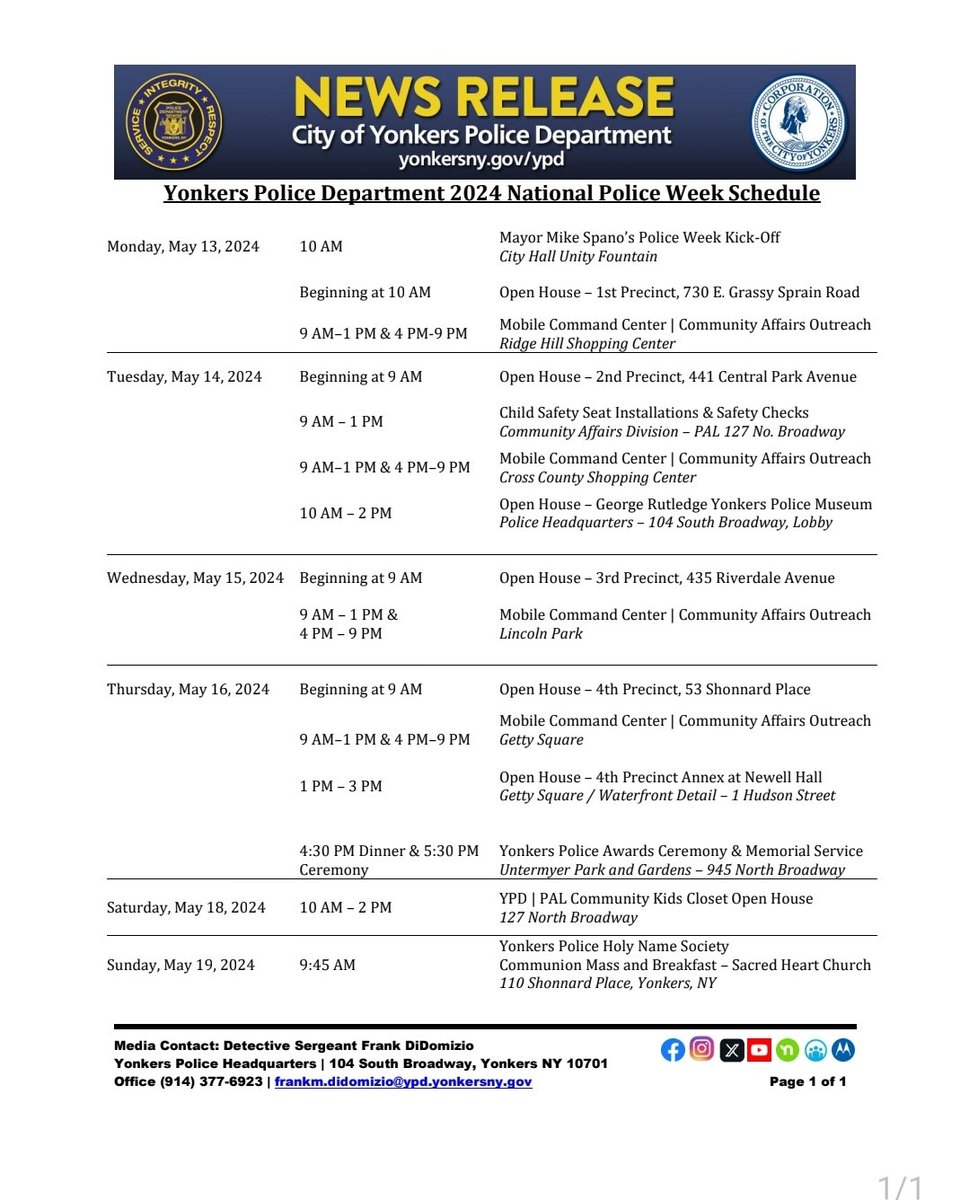 National Police Week kicks off Monday, May 13th when the 1st Precinct will be hosting an open house at 10am. The Mobile Command and Community Affairs Outreach will also be in Ridge Hill from 9-1 and 4-9 on Monday. See the full schedule of events below