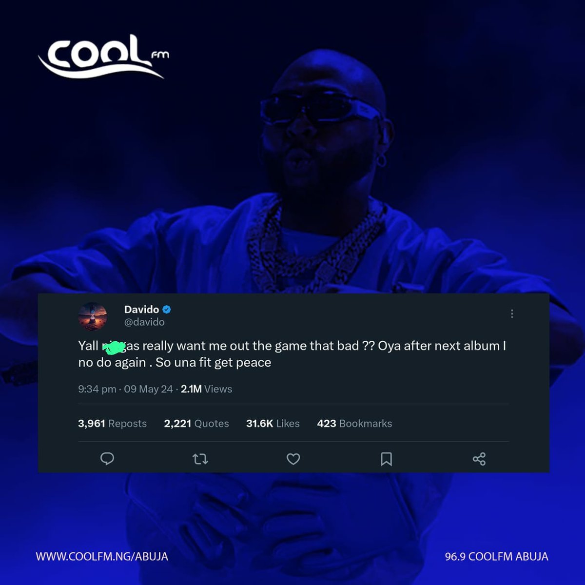 Davido teases quiting the music industry after his next album. #1hitmusicstation #coolfm969abuja