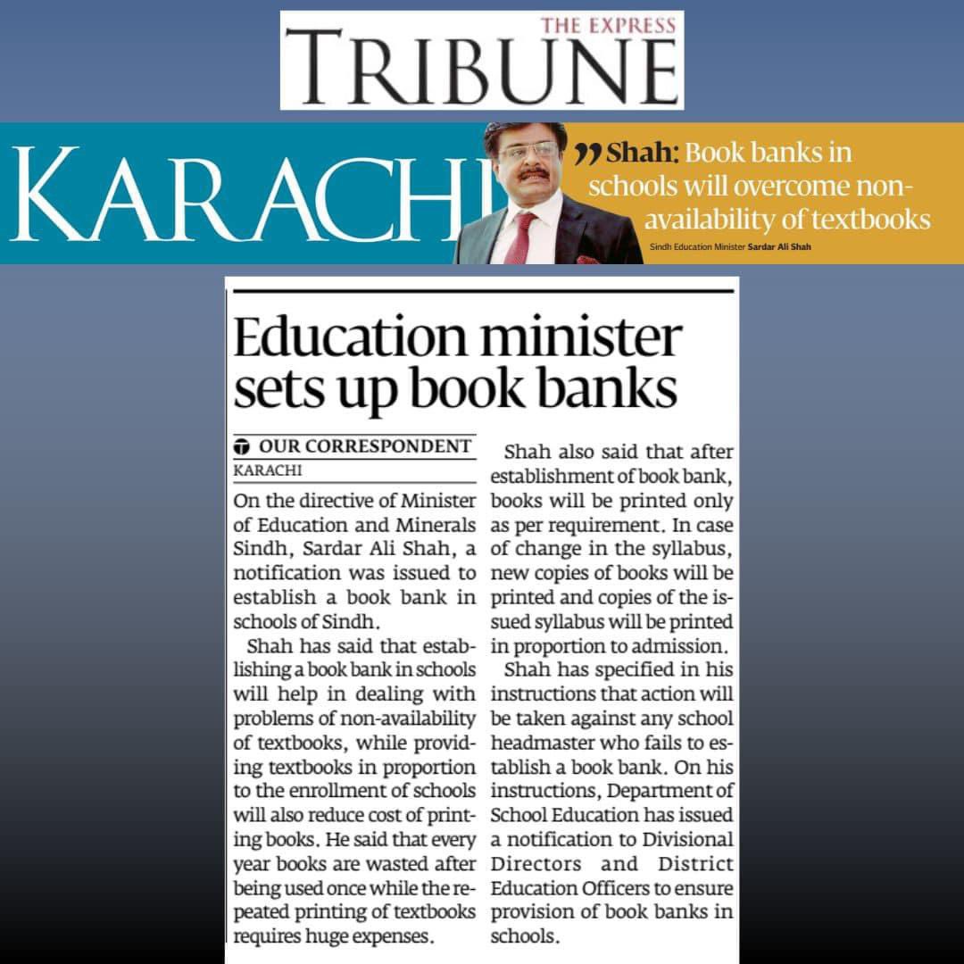 Minister for Education Sindh @sardarshah1 directed to set up Book Banks in various educational institutions of the province.This initiative will help the department to cope with shortage of books & sensitized the students with sense of responsibility & ownership. @BBhuttoZardari