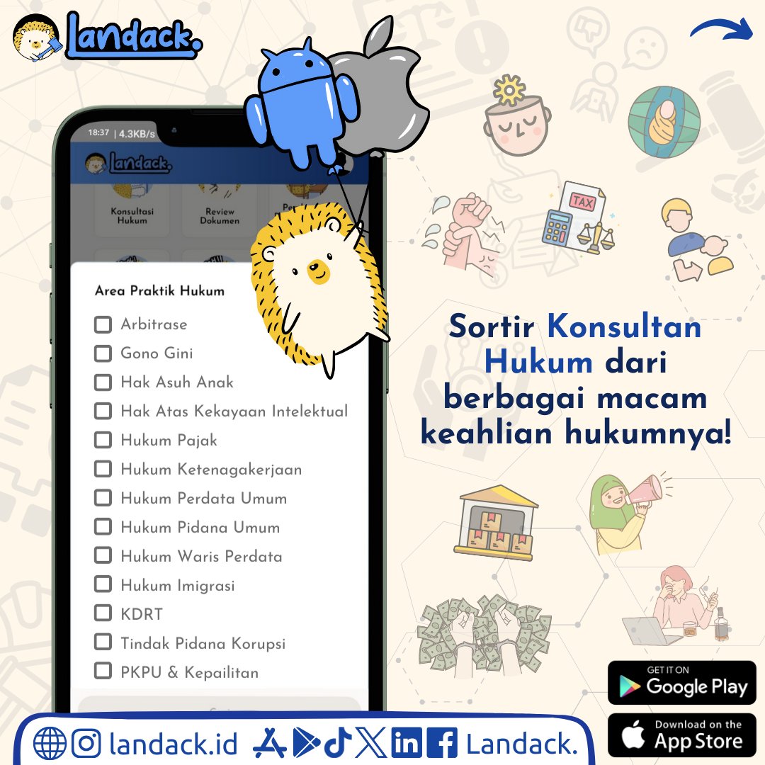 Landackid's tweet photo. Aplikasi Landack &amp; Konsultan Hukum Landack sudah terhubung dan hadir di #GooglePlay dan #AppleAppStore! Konsul hukum ga perlu ribet kemana-mana~

#konsultanhukumlandack #landack #jasahukum #advokat #aplikasi #aplikasihukum #pengacara #konsultanhukum #konsultasi #indonesia https://t.co/rAfmkt8CaB
