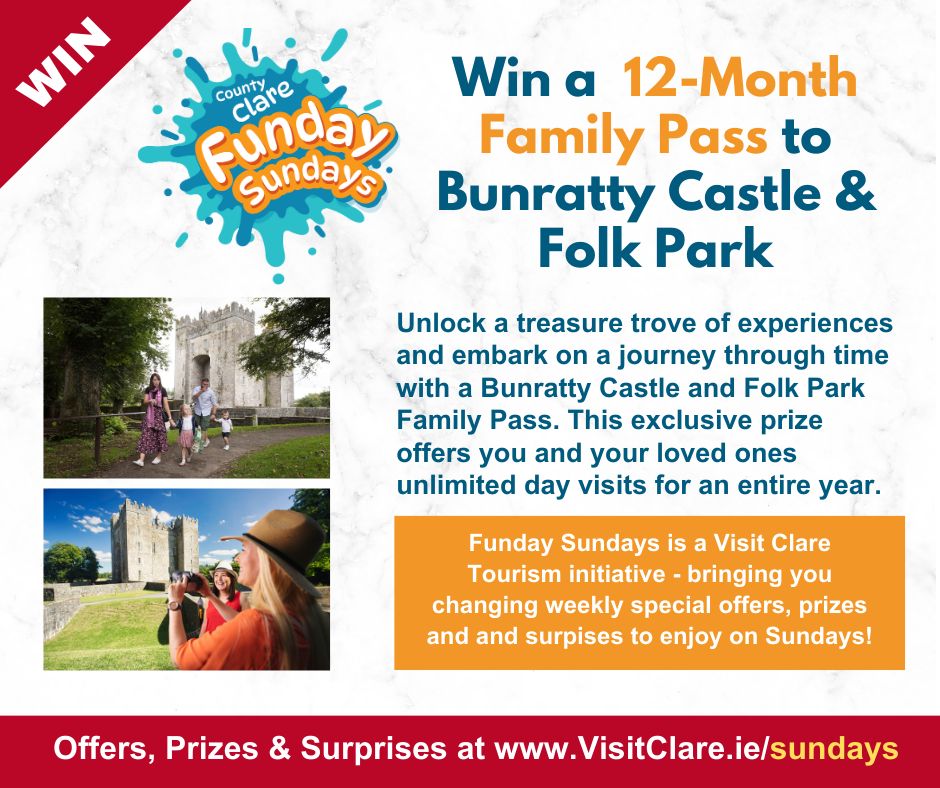 Funday Sunday May Prizes 💛💙 You can enter for this months prizes multiple times to 31st May. Revisit each week to do so. There will be new prizes each month between now and September Win a 12-Month Family pass to Bunratty Castle & Folk Park Good luck! visitclare.ie/sundays