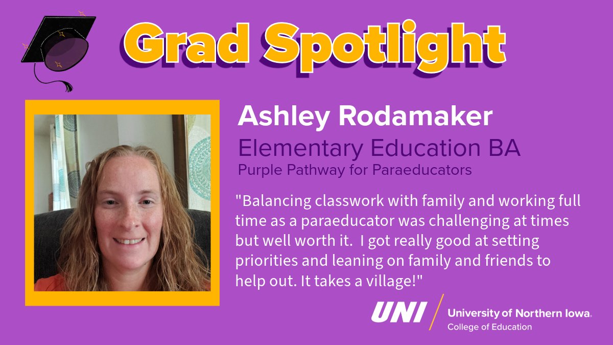 'Balancing classwork with family and working full-time as a paraeducator was challenging at times but well worth it.' -- Ashley Rodamaker, Hampton, Iowa, another proud elementary ed spring '24 grad with the Purple Pathway for Paraeducators! #UNITeacherEd #teacherappreciationweek