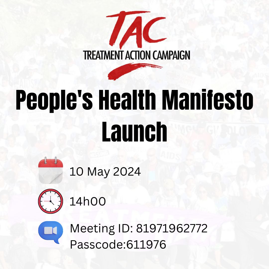 Join us as we launch the most comprehensive, data driven and community owned and led health manifesto in the lead up to the elections. tac.org.za/media-alert-tr… #PeoplesHealthManifesto #TAC25 #DignityForAll