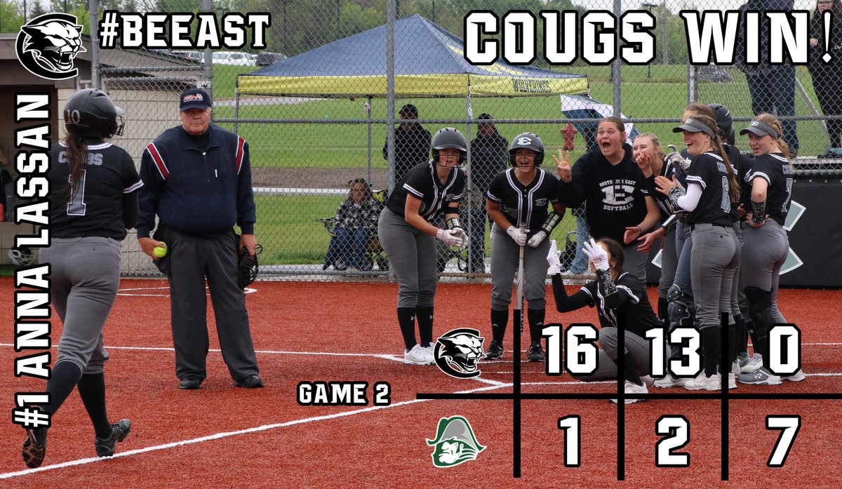 COUGS TAKE TWO! The Lady Cougs took both games against Waterford Kettering yesterday, winning 16-1 in both games! Key 📊 for the day (both games): @LassanAnna: 5 for 5, 3 HR and 6 RBI @Chloe7Mcpherson: 4 for 4, 4 RBI and 2IP with 4K #BeEAST