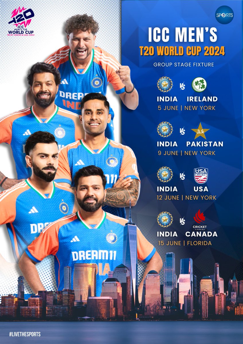 #TeamIndia🇮🇳 fixtures for the ICC Men's #T20WorldCup 2024 💥

🏏 Live The Game on DD Sports 📺 (DD Free Dish)
