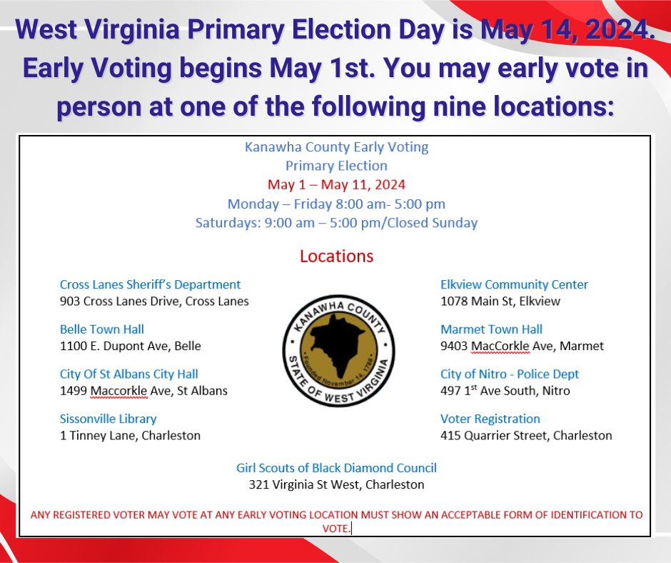 The LAST DAY to early vote is tomorrow, May 11th! You may vote at any of these polling locations today from 8:00AM-5:00PM or Saturday 9:00AM-5:00PM! Then, your last chance to vote in the 2024 Primary Election is next Tuesday, on Election Day! #GetOutAndVote 🗳✅