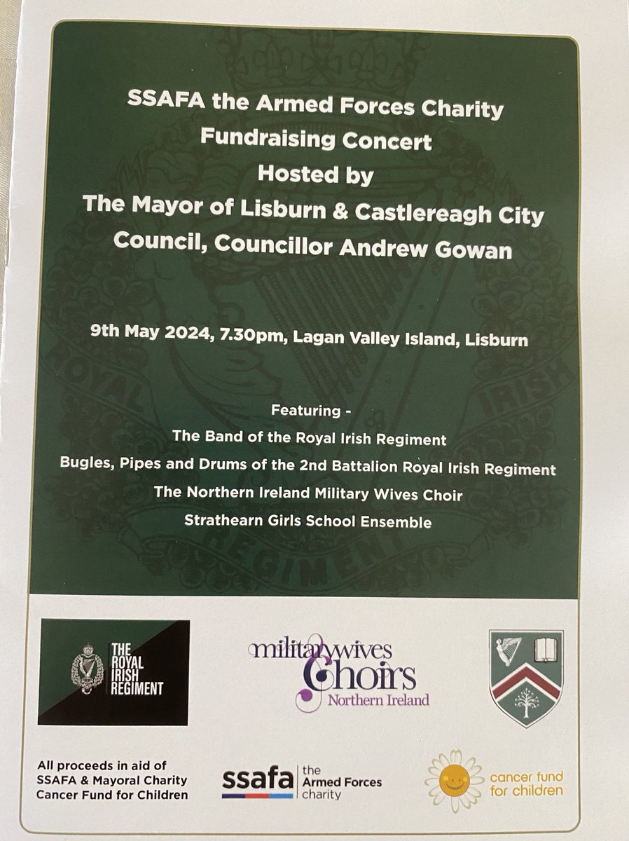 The Lord-Lieutenant of #CountyAntrim ☘️, a former trustee of @SSAFA, was delighted to support @SSAFA_NI by attending their Fundraising Concert in Lisburn kindly hosted by @lisburnccc last night. Featuring Band of @RIrishRegiment, Military Wives Choir and @Strathearn_Sch 🎶 🎵