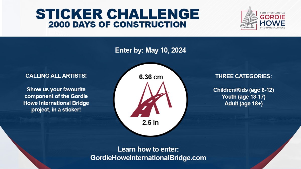 🖍 This is the last call for submission to the Celebrating 2000 Days of Construction on the #GordieHoweBridge sticker contest. You have until midnight tonight to get your entry forms in. Wondering how to do so? Find out here: gordiehoweinternationalbridge.com/en/2000-days-o… #2000DaysOfConstruction