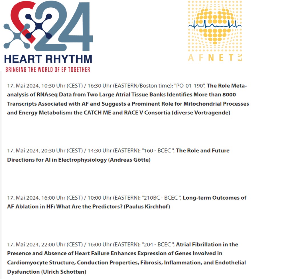 Don´t miss tomorrow at #HRS2024! 🤩
Great presentations with #AFNET contribution.  
#Afib #AI #stroke #heart #MAESTRIA <a href="/H2020Maestria/">MAESTRIA EU H2020 project</a> @UCCS_HHa <a href="/Dominik_Linz/">Dominik Linz</a> <a href="/DavidDuncker/">David Duncker</a> <a href="/UliSchotten/">Uli Schotten</a>