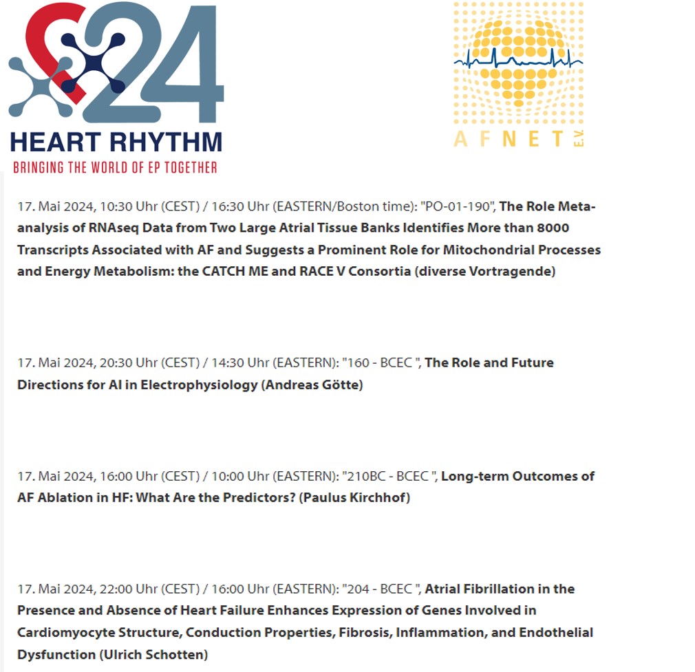 Don´t miss tomorrow at #HRS2024! 🤩 Great presentations with #AFNET contribution. #Afib #AI #stroke #heart #MAESTRIA @H2020Maestria @UCCS_HHa @Dominik_Linz @DavidDuncker @UliSchotten