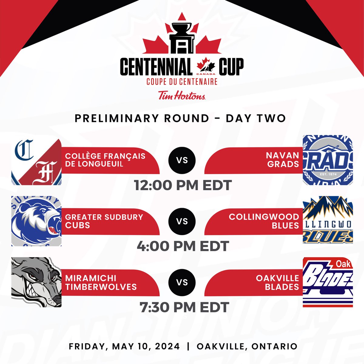 We’re set for day two of preliminary action from the #CentennialCup in Oakville! The host @OakvilleBlades kick off their schedule tonight in prime time 🏒 📊 Stats | hockeycanada.ca/en-ca/national… 🖥️ Watch | video.hockeycanada.ca/en/