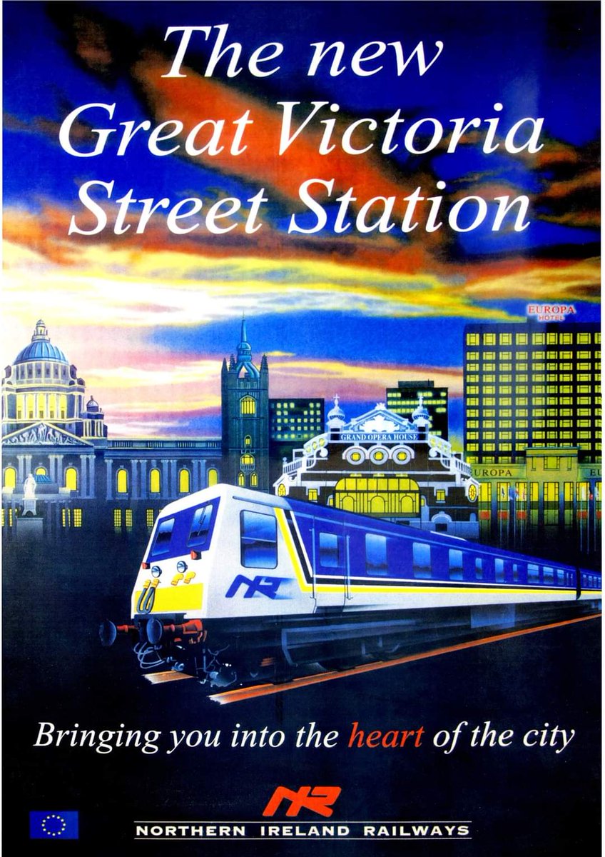 Our second image also features an 80 class but moves forward 20 years to the mid 1990s – this striking poster promotes the opening of the 'new' Great Victoria Street station by NIR in 1995, with emphasis placed on its convenience to Belfast city centre.