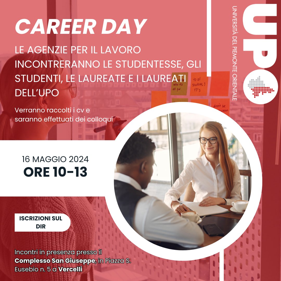 Il 16 maggio si terrà il Career Day con le Agenzie per il Lavoro, dalle ore 10.00 alle ore 13.00, presso il Complesso San Giuseppe, in Piazza S. Eusebio n. 5 a Vercelli. Registrazioni sulla DIR al seguente link: ow.ly/he9L50RkWsB