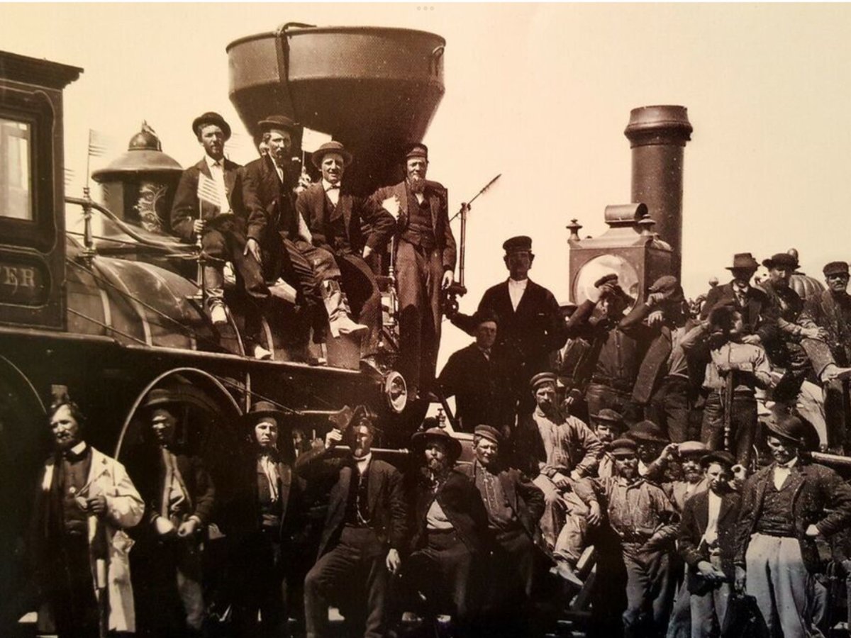 #OTD in 1869, the presidents of the Union Pacific & Central Pacific railroads met in Promontory, Utah to drive a ceremonial last spike into a rail line connecting their railroads. Transcontinental railroad travel was now possible for the first time in U.S. history. Western-bound…