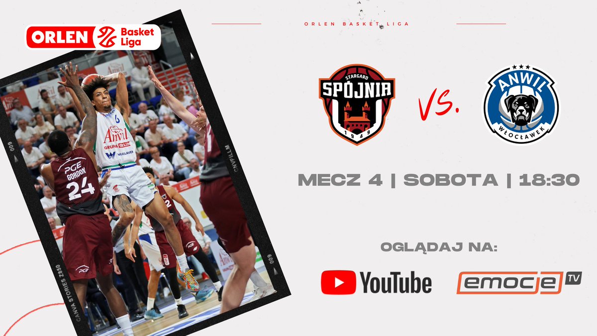 📺 Mecz nr 4 <a href="/SpojniaStargard/">PGE Spójnia Stargard</a> 🆚 <a href="/Anwil_official/">Klub Koszykówki Włocławek</a> będzie można zobaczyć bezpłatnie na YouTube <a href="/emocjetv/">Nowe Emocje.TV</a>❗️ 

➡️ youtube.com/@EmocjeTV-ce2u…

#ORLENBasketLiga #plkpl <a href="/GrupaORLEN/">ORLEN</a>