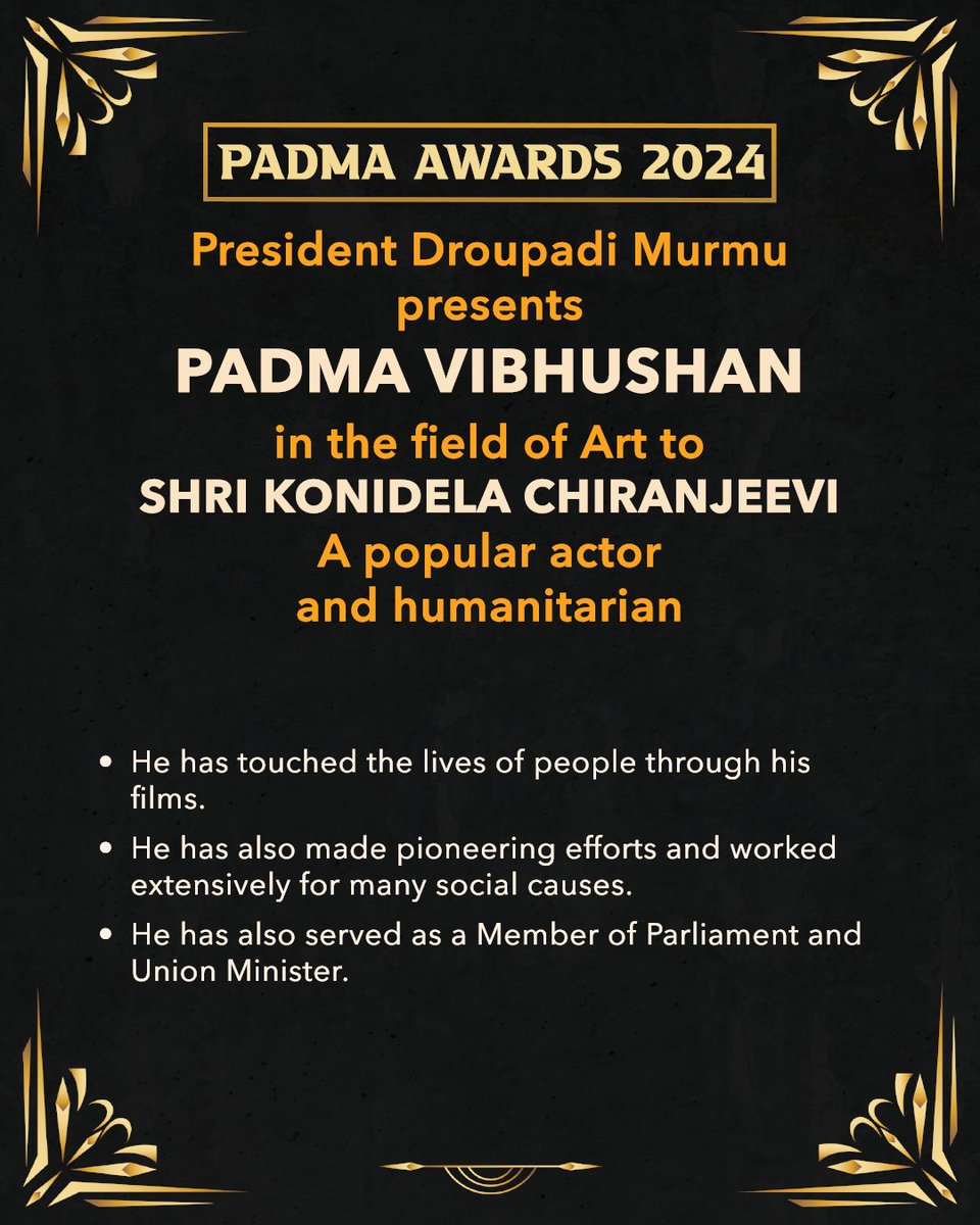 President Droupadi Murmu presents Padma Vibhushan to actor Shri Konidela Chiranjeevi, who has positively impacted lives on and off the screen and served as union minister and parliament member.
#ChiranjeeviKonidela 
#PadmaAwards2024 
#KingsNews7 #DroupadiMurmu 
#Tollywood