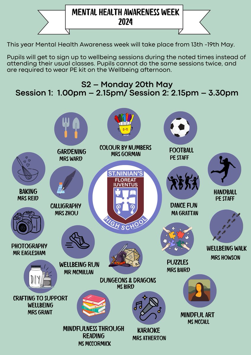 S2 Wellbeing afternoon 
We are excited to announce this afternoon on Monday 20th May.
Pupils in S2 will receive the link tonight at 5pm via parent/carer email TO SIGN UP TO SESSIONS
<a href="/stninianshigh/">Saint Ninian's</a>