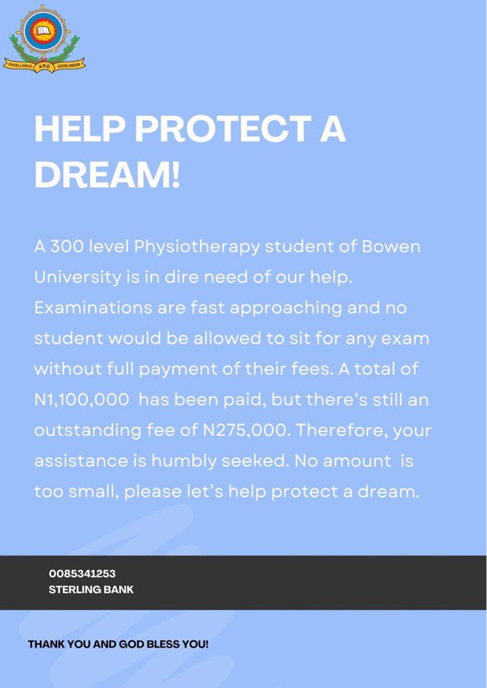 Hey!

Please let’s help protect the dream of a 300 level physiotherapy student❤️