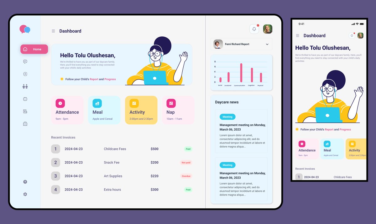 My New Design: Daycare Dashboard for Parents

——————————————-
I’m Tolulope, I am open to Gigs, Project, and Design Jobs.

#uidesign #productdesign #daycare @uxfoundryng
