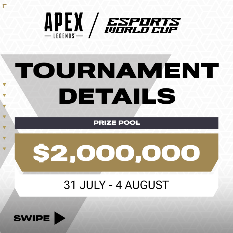 EWC_EN's tweet photo. Champions, keep your eyes on the prize 👀

Dive into the arena knowing all the key details of #ApexLegends at the #EsportsWorldCup!

And don't hesitate to sign up NOW! Swipe to learn more! 👇👇👇