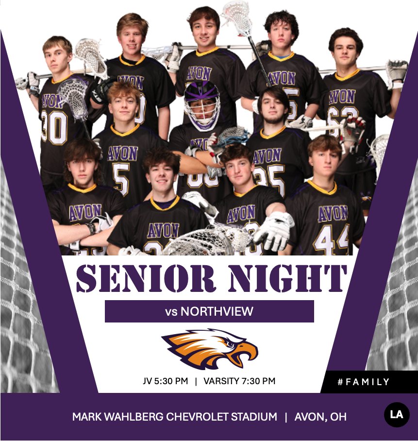 Join us for senior night at The Nest. Your Avon Eagles face @NviewAthletics in our final game of the regular season.
#GoEagles #Family 🦅🥍
