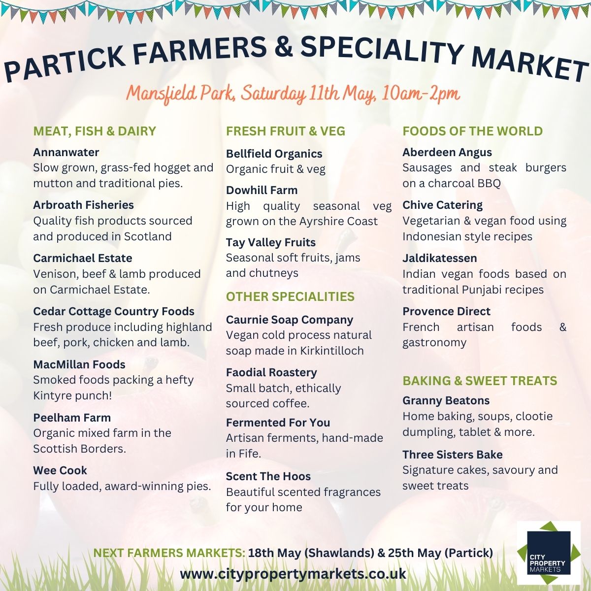 Come along and enjoy the sunshine in Partick tomorrow - you'll find these traders at Mansfield Park from 10am-2pm! ☀️
citypropertymarkets.co.uk/markets/farmer…
#CityPropertyMarkets #GlasgowMarkets #Glasgow #FarmersMarkets #GlasgowFarmersMarkets #GlasgowWestEnd #Partick #ShopLocal #WhatsOnGlasgow