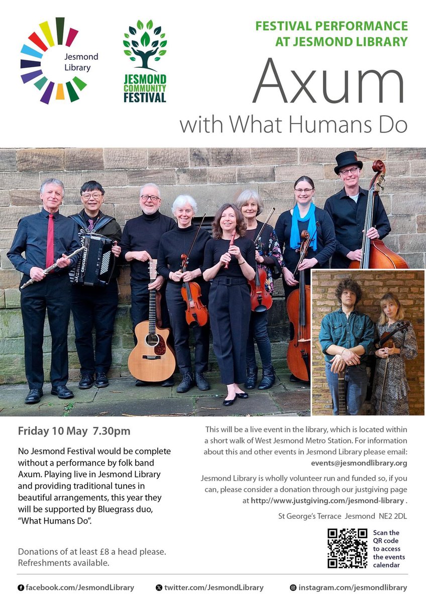 Part of #JesmondFestival, 7:30pm at Jesmond Library this evening: folk band - Axum; supported by Bluegrass duo - What Humans Do