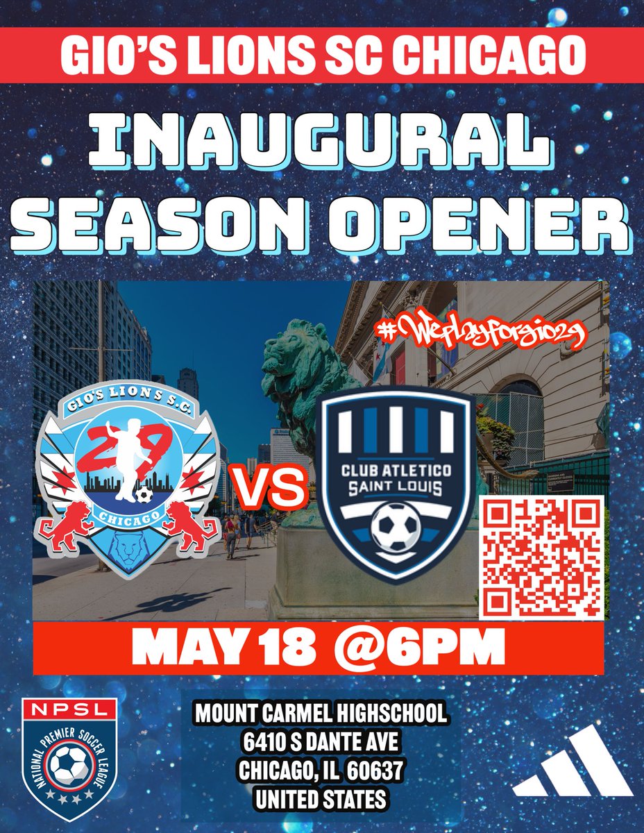 Don't wait any longer, secure your tickets now at gioslionssc.com or simply scan the QR code in the image to be a part of the action!

#weplayforgio29 #NPSL #communitygrowth #Eastside #soccer #chicago