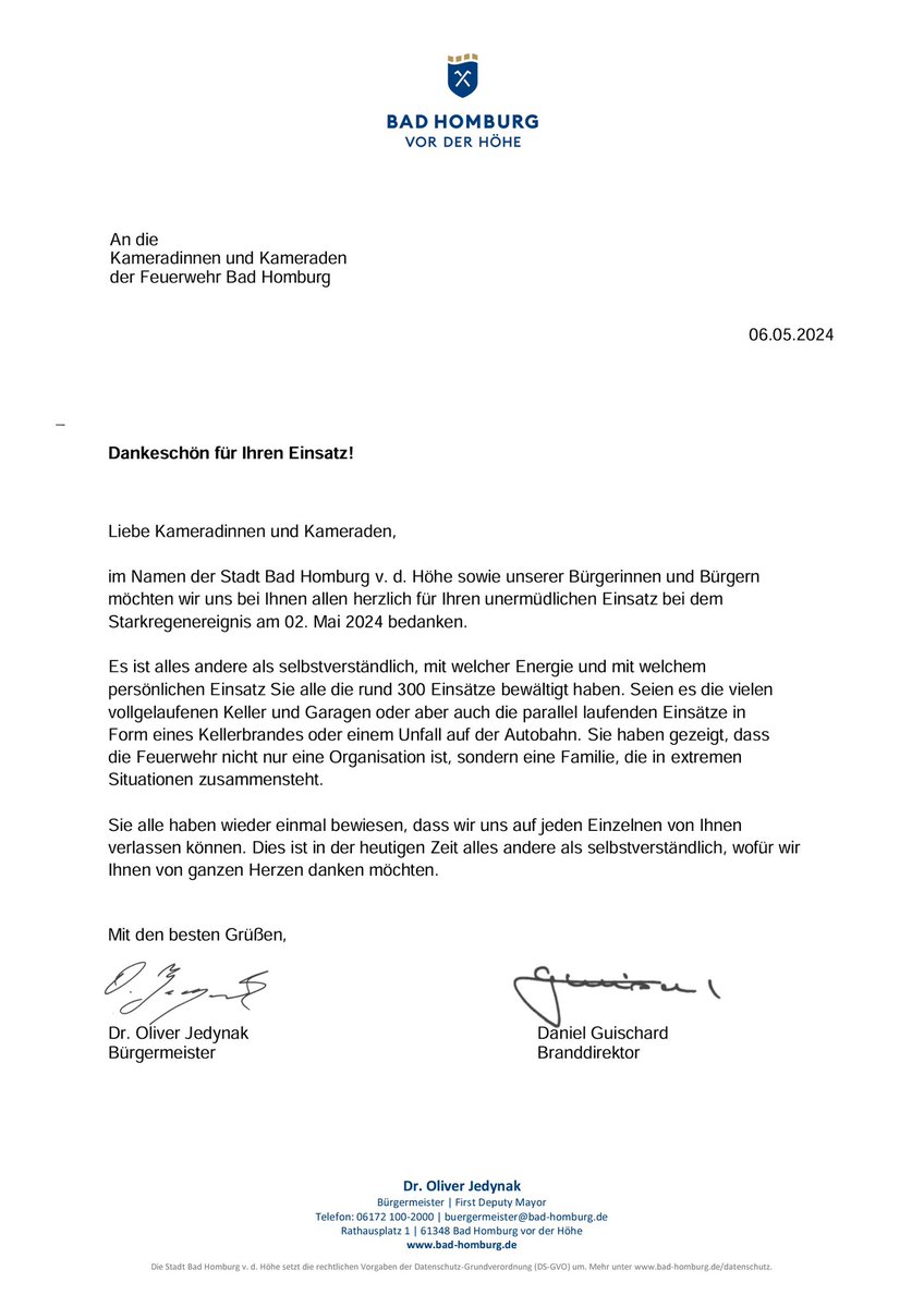 <a href="/BadHomburgStadt/">Stadt Bad Homburg</a> Feuerwehrdezernent und Bürgermeister Dr. <a href="/oliver_jedynak/">Oliver Jedynak</a> dankt unseren Einsatzkräften für ihren Einsatz beim großen Unwetter in der vergangenen Woche. Vielen Dank dafür 😊