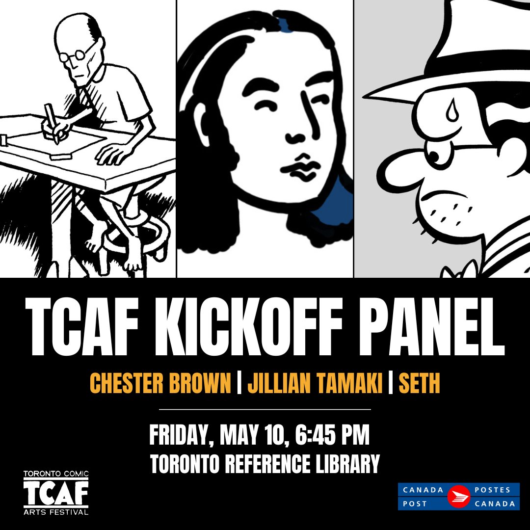 You're invited! We've partnered with @canadapostcorp to celebrate their newest stamp issue featuring the works of Chester Brown, Michel Rabagliati, Seth and Jillian Tamaki and Mariko Tamaki. Join us at kickoff panel today at 6:45 pm to mark their stamp debuts.