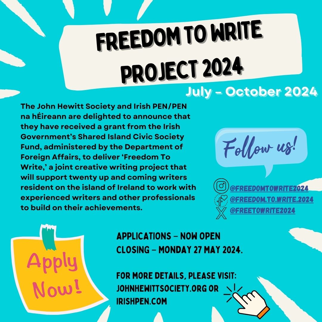 #BREAKINGNEWS @The_JHS & @PENIreland are delighted to announce a new joint project for emerging writers – FREEDOM TO WRITE. #Applications #OPEN. Visit johnhewittsociety.org or irishpen.com for more details. Supported by the DfA: Shared Island Fund & @ArtsCouncilNI.