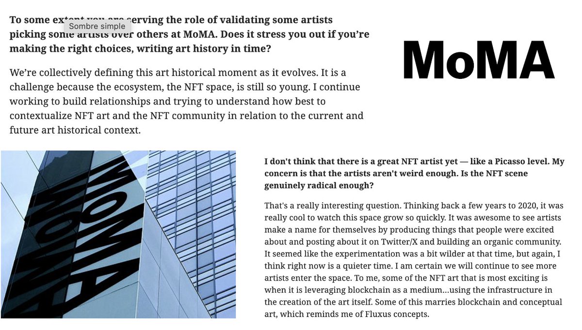 GM

A very interesting interview of @mpierpont3 (from @MuseumModernArt) about Digital art and NFTs  

Good news being that 'NFTs Are Already Part of Art History', which we all knew here

coindesk.com/consensus-maga…