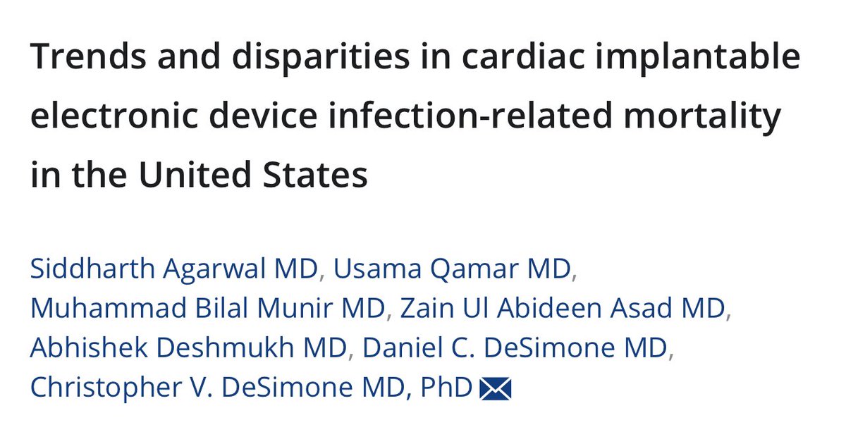 🔥🚨 Excited to share our recent 📝 on the 📈 and #disparities in ❤️‍🩹 #CIED infection-related ☠️ in the 🇺🇸 Extremely grateful for the guidance and mentorship of @DrDeese99 @abhishek_mbbs @ZainAsadEP @drbilalmunir Dr. Daniel DeSimone onlinelibrary.wiley.com/doi/full/10.11…