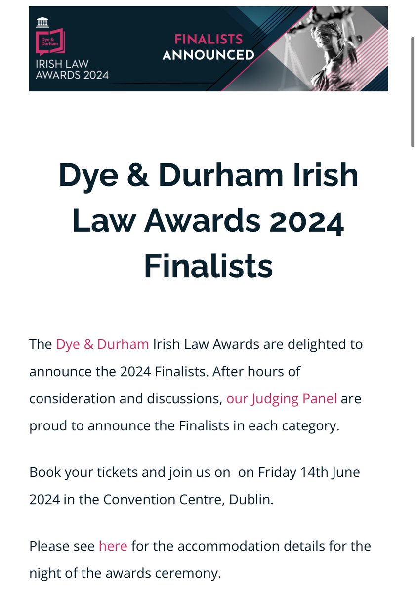 Bit of personal news…. Delighted to have been announced as a finalist in the Law Student of the Year category in the @IrishLawAwards 2024. Really lovely surprise this afternoon, especially to be nominated alongside so many of my wonderful friends and colleagues.