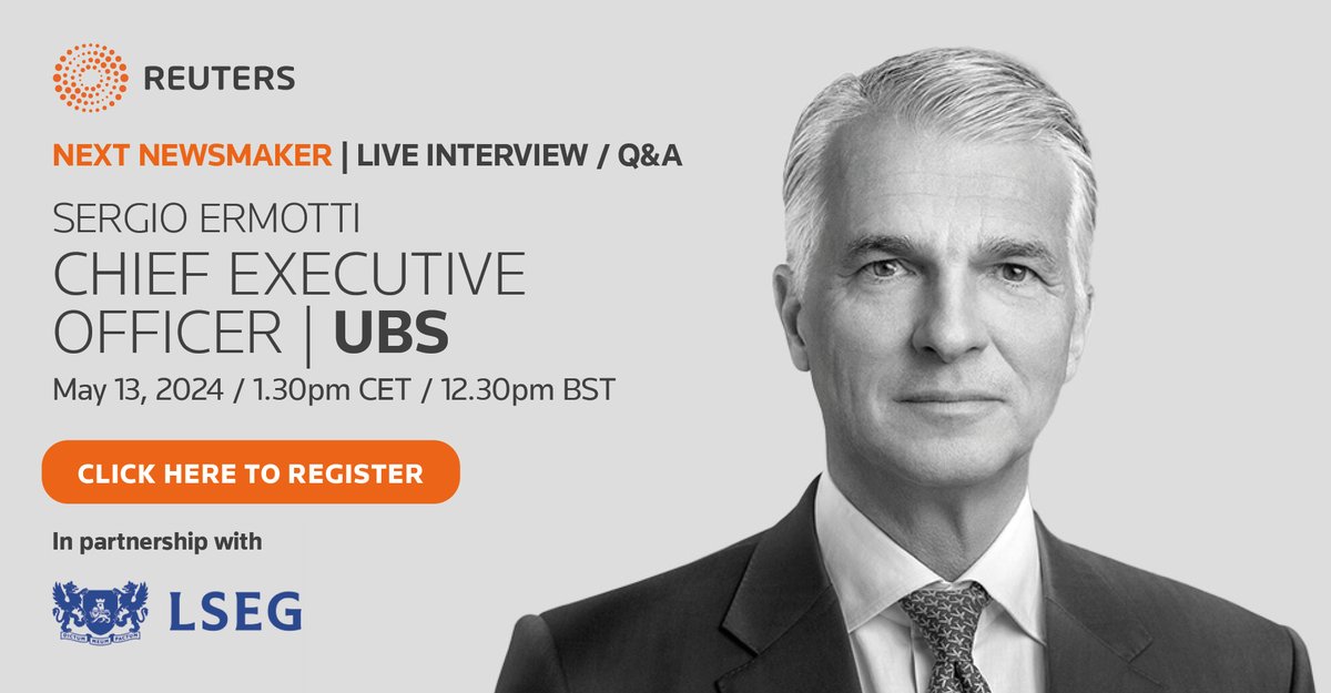 Reuters NEXT Newsmaker with Sergio Ermotti, CEO of UBS, who takes stock a year on from UBS’ rescue of peer Credit Suisse in the biggest banking deal since the global financial crisis, on Monday, May 13 at 12:30 p.m. BST / 1:30 p.m. CET. Register here reut.rs/4dAVgeo