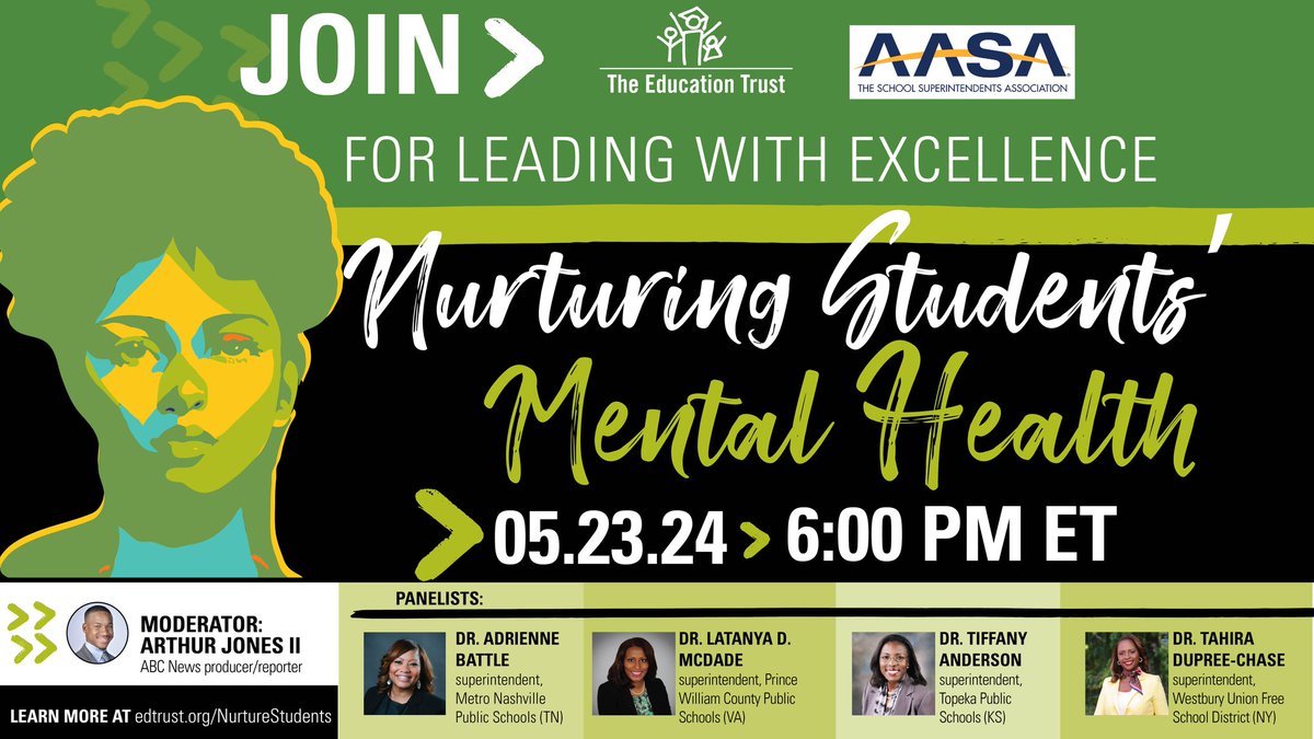 Students of color deserve to learn in a culturally affirming environment. Join EdTrust & @AASAHQ for a conversation w/ Black women school leaders to discuss how to engage a more equitable leadership pipeline, so all students feel seen. 05/23 6pm ET: edtru.st/NurtureStudents