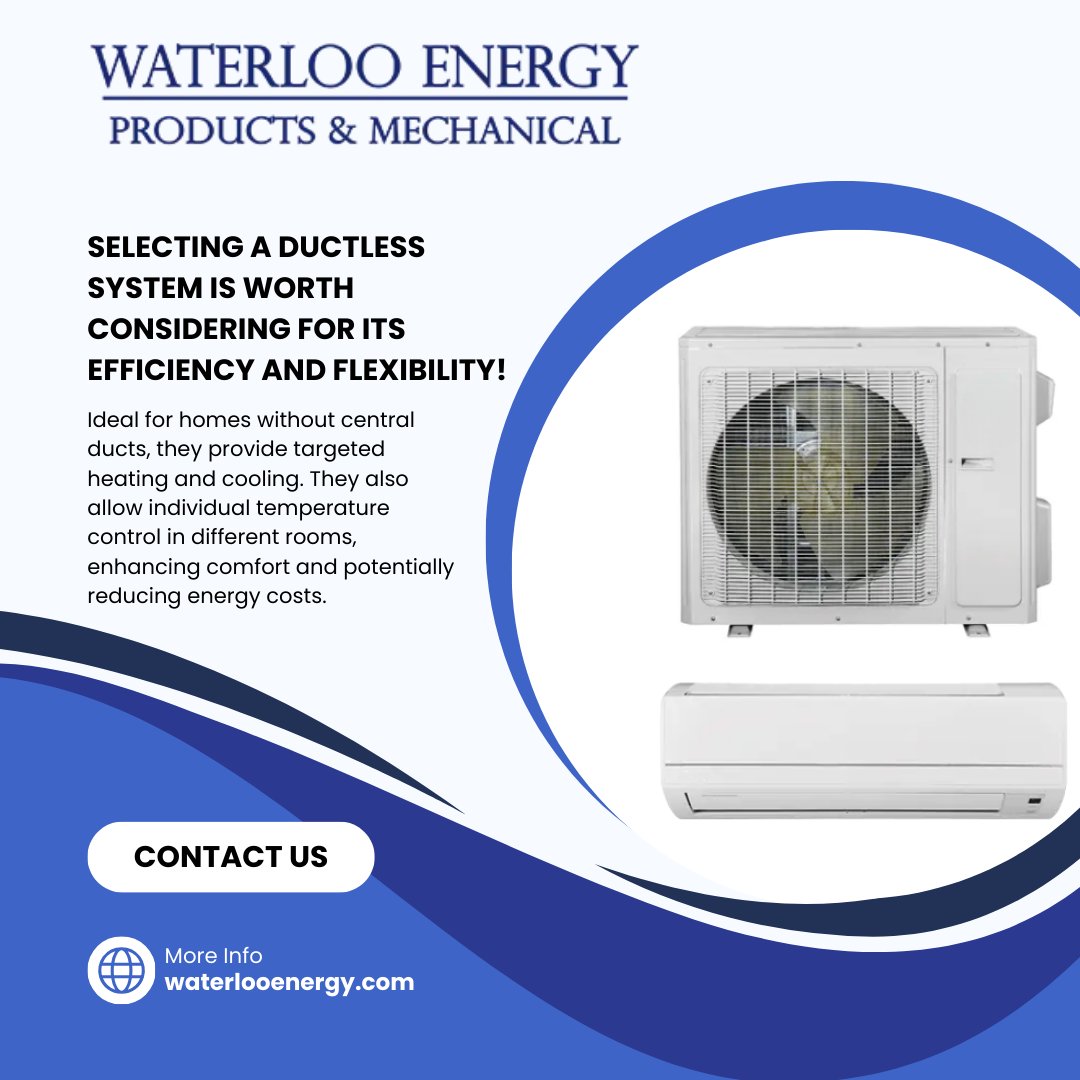 Selecting a ductless system is worth considering for its efficiency and flexibility. Ideal for homes without central ducts, they provide targeted heating and cooling. They also allow individual temperature control in different rooms waterlooenergy.com/products/air-s…