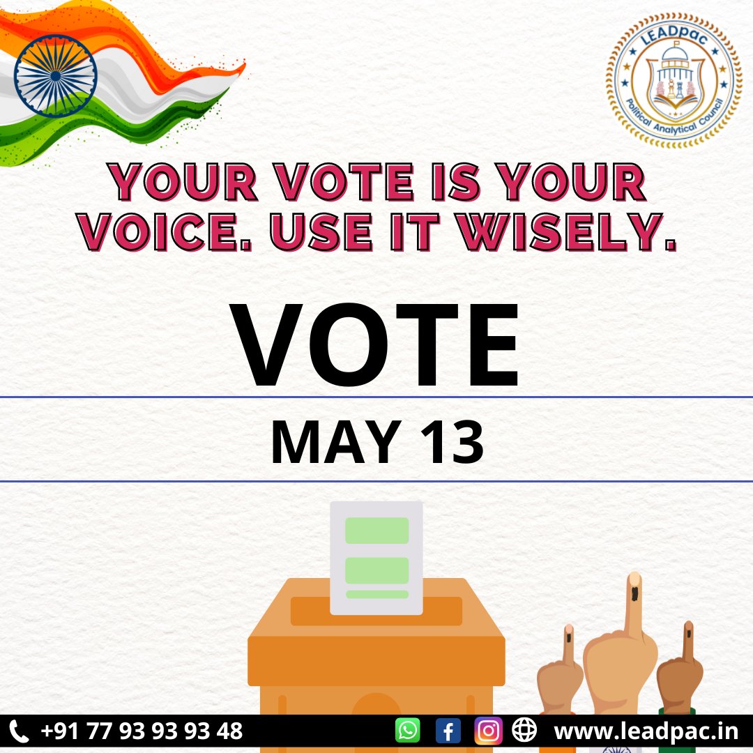 Your vote is your voice. Use it wisely.
#leadpac #LokSabhaElections #IndiaElections #VoteForIndia #YourVoteYourVoice #May13 #IndianDemocracy #ElectionDay #MakeADifference #DemocracyMatters #GoVote #UseYourVoice #TelanganaPolitics #politicalanalysisinhyderabad #Telangana #Politics