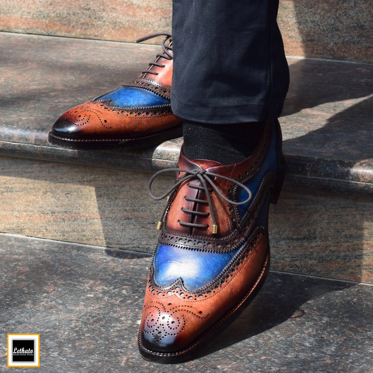 Wingtip Brogue Oxford shoes by Lethato are a classic choice, and the combination of brown and blue adds a stylish twist. . . . #weddingshoesformen #menweddingshoes #formalshoesformen #italianleathershoes #formalshoes #oxfordshoe #lethatoshoes #lethato #mensfootwear #menswear