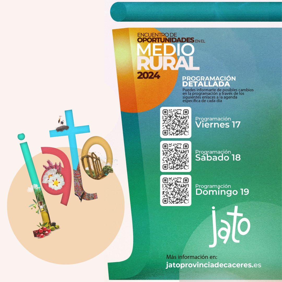 🔸 ¡Programa actualizado #Jato2024!🔸 Hemos actualizado nuestro programa para ofrecerte una mejor experiencia. Escanea el código QR o visita nuestra web jatoprovinciadecaceres.es para consultar todas las actualizaciones. ¡Recuerda, puede estar sujeto a cambios!.