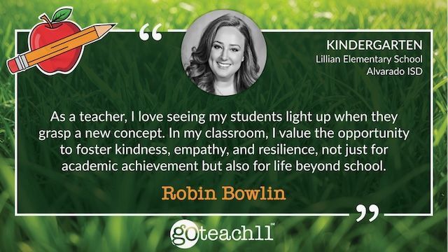 ESC Region 11 (@escregion11) on Twitter photo We are wrapping up Teacher Appreciation Week with a spotlight on Robin Bowlin, a kindergarten teacher at <a href="/LillianElem/">Lillian Elementary</a> in <a href="/AlvaradoISD/">Alvarado ISD</a>!
We've loved showcasing some of our outstanding <a href="/GoTeach11/">GoTeach11</a> teachers and sharing their incredible impact during their early years in education. We are wrapping up Teacher Appreciation Week with a spotlight on Robin Bowlin, a kindergarten teacher at <a href="/LillianElem/">Lillian Elementary</a> in <a href="/AlvaradoISD/">Alvarado ISD</a>!
We've loved showcasing some of our outstanding <a href="/GoTeach11/">GoTeach11</a> teachers and sharing their incredible impact during their early years in education.