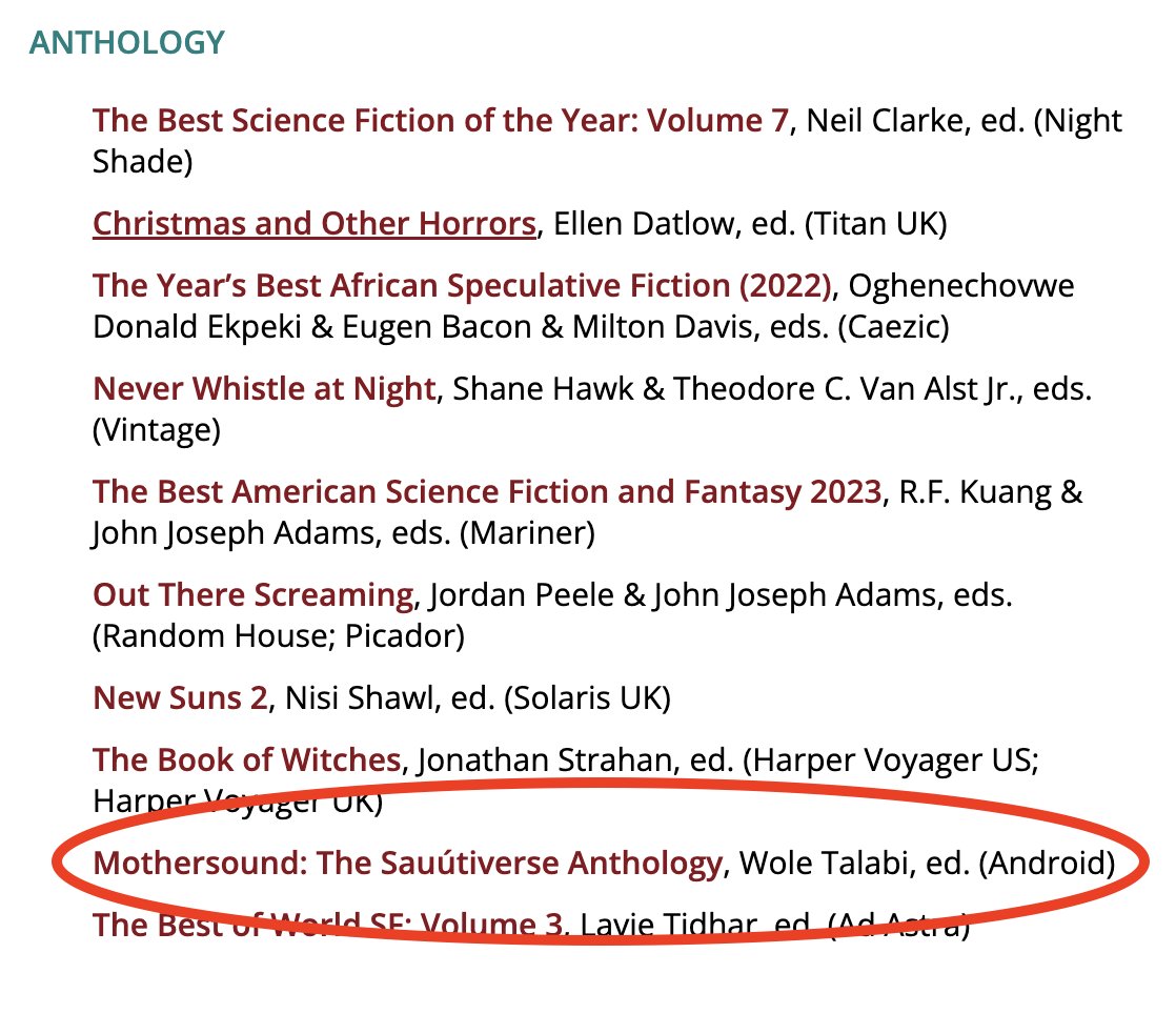Our 'Mothersound: The Sauútiverse Anthology' has made the 2024 Locus Awards Top Ten Finalist in the ANTHOLOGY category. Congrats to @WTalabi as editor, and all involved including @press_android @locusmag