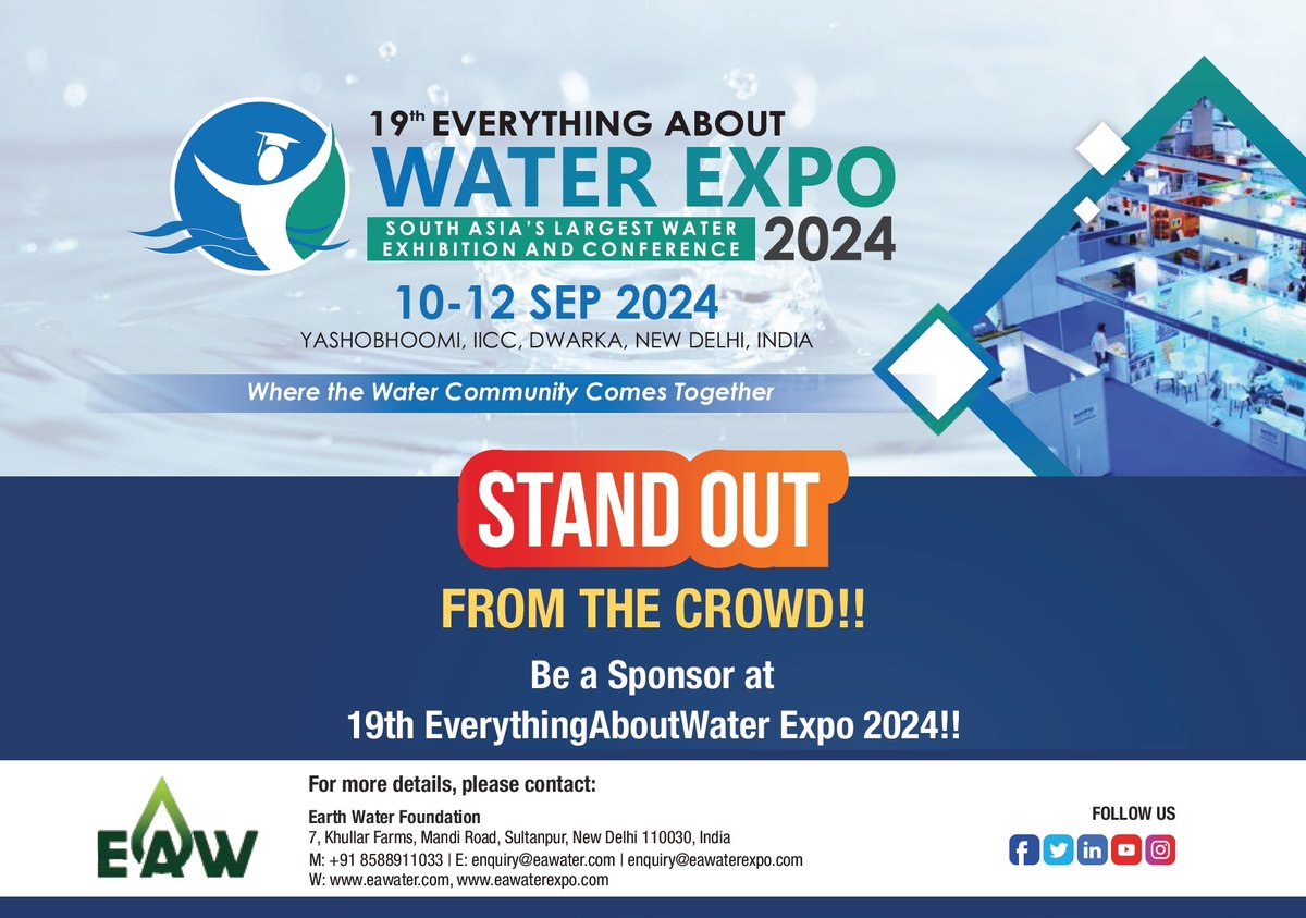 Want to make a splash in the #waterindustry? Become a #sponsor for the 19th #EverythingAboutWaterExpo! Elevate your brand, increase visibility, and connect with industry leaders. 

To know more visit earth-water-foundation.odoo.com/r/lcp & secure your #sponsorship today!

#WaterExpo