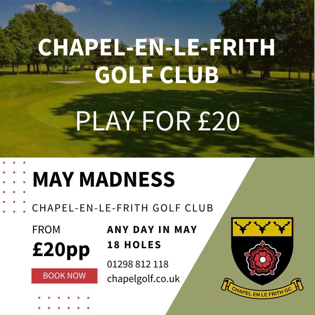 Come and experience our stunning course at Chapel-en-le-Frith Golf Club 🏌️

📆 TEE TIMES AVAILABLE ANY DAY IN MAY 📆

⛳️ 18 Holes ⛳️ from £20 per person ⛳️ 😮