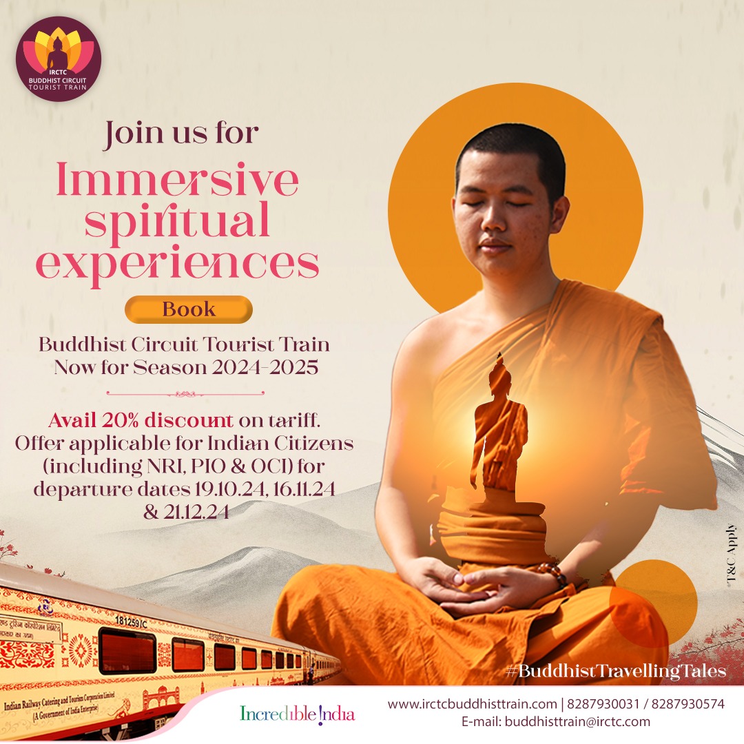 Engage your mind and soul in spiritualism as you travel aboard the #BuddhistCircuitTouristTrain. Click on irctcbuddhisttrain.com for #ImmersiveExperiences. #buddhistcircuit #incredibleindia #temple #buddhastatue #peace