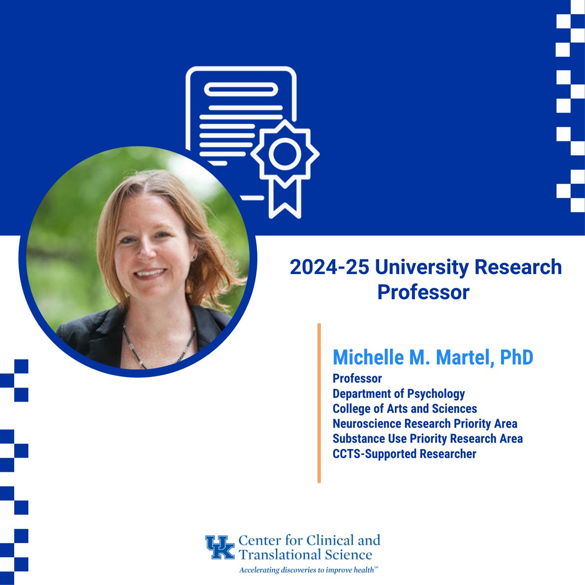 Congratulations, CCTS-Supported Researcher, Dr. Michelle M. Martel for being named a 2024-25 University Research Professor! Read the full announcement here: uknow.uky.edu/research/16-fa…