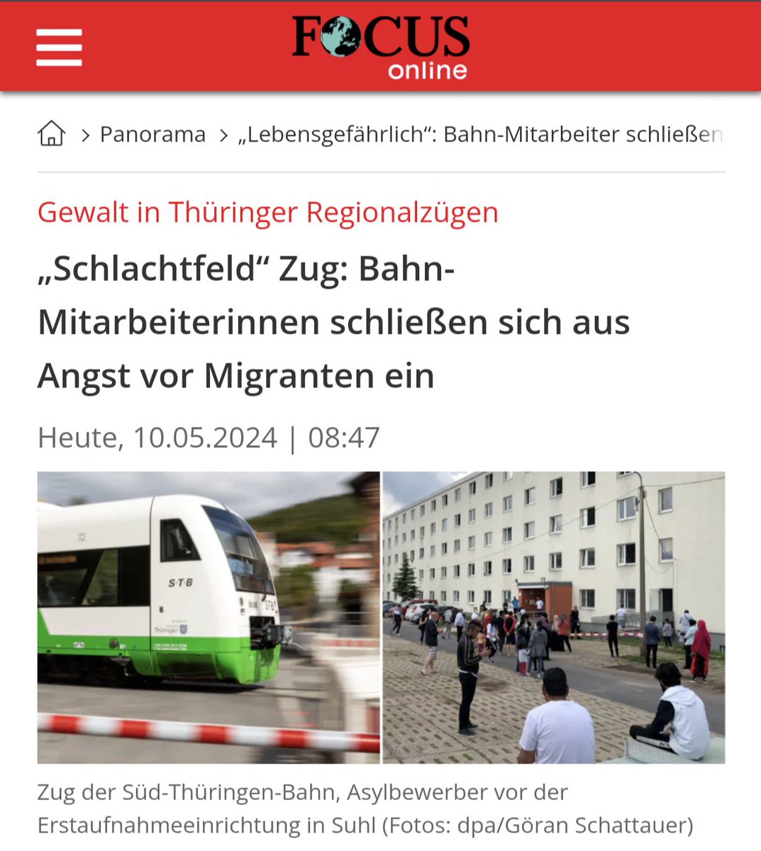 'Du als Frau hast mir gar nichts zu sagen!'

Als Frau bei der Bahn in #Thüringen zu arbeiten, ist wahrlich kein Vergnügen. Besonders auf der Strecke #Erfurt-#Suhl gibt es regelmäßig krasse Vorfälle und Übergriffe.

'Haupttäter laut Gewerkschaft: Junge Asylbewerber. Für das…