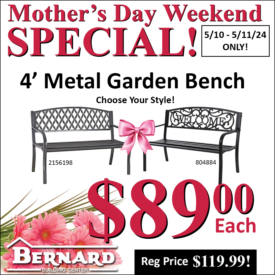 Looking for a last minute #MothersDayGiftIdea? 🎁We’ve got you covered! THIS WEEKEND ONLY – get our favorite 4’ Metal Garden Bench for just $89.00!! (Reg $119.99) Two styles to choose from while they last – grab yours before they’re gone! #ThatsMyLumberyard