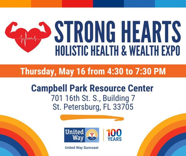 HEALTH IS WEALTH: Check out the Strong Hearts Holistic Health & Wealth Expo! ✨
📅 Date: Thursday, May 16th
⏰ Time: 4:30 - 7:30 PM
📍 Location: Campbell Park Resource Center

@unitedwaysuncoast
#healthiswealth #holistichealth #stpetersburg