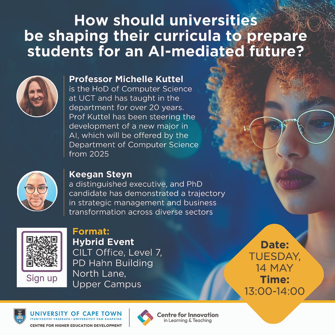 Join us for an exciting webinar on Tues, 14 May, at 1pm, where Prof Michelle Kuttel &amp; Keegan Steyn will discuss how universities should evolve their curricula in the age of AI. 🚀 Sign up here 👉 bit.ly/3JTKhyU

#AIinEducation #FutureOfWork #ArtificialIntelligence
